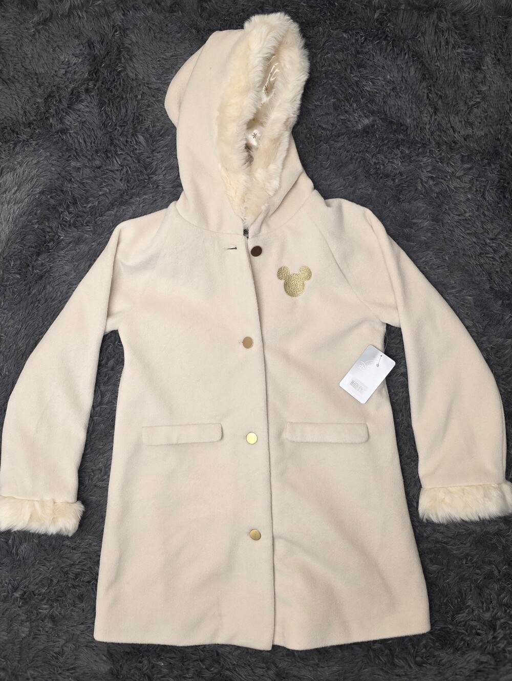 Disney Parks- Cream Hooded Pea Coat with Faux Fur Trim & Gold Mickey Accent. NWT